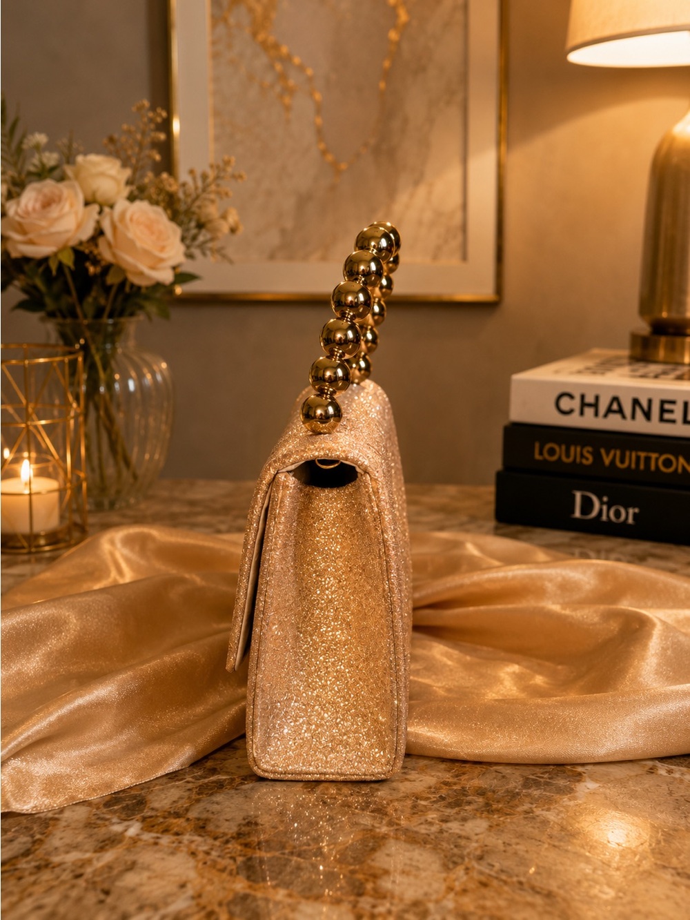 Gold Glitter Chain-Handle Evening Clutch - Picture 6 of 8